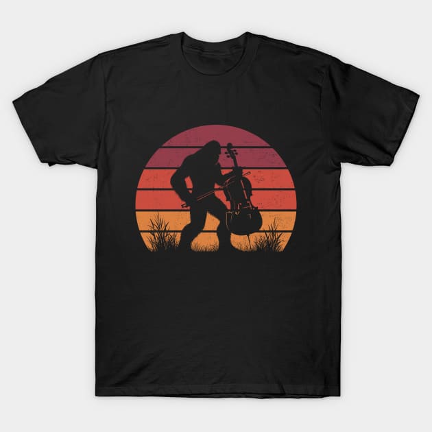 Bigfoot Sasquatch Playing the Cello Vintage Sunset Music Lover T-Shirt by Cuteness Klub
